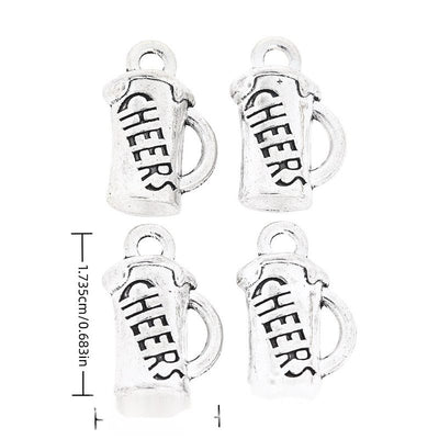 Front and reverse views of cheers word charms with measurement and weight guides