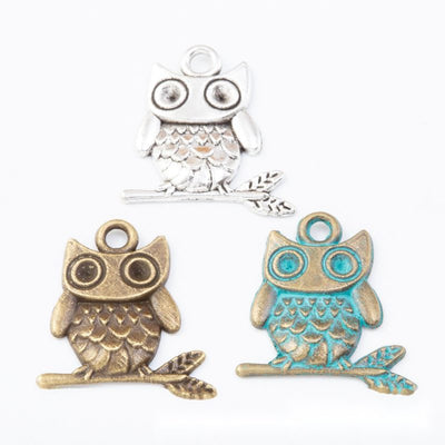 Group view of two differently shaped owls share a long branch silhouette