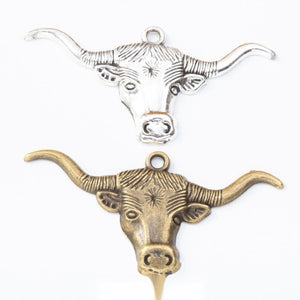 Antique Longhorn Cattle Head Metal Charm, Two Finishes