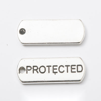 PROTECTED Engraved Rectangular Tag Pendant Charm in Antique shown in front and back product view