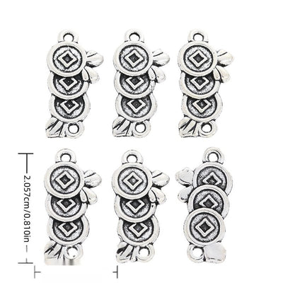 Front and reverse views of stacked coin charms with measurement and weight guides