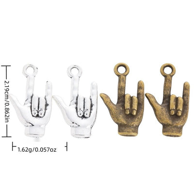 Rock Hand Gesture metal piece shown in Antique Bronze, Antique Silver beside printed specifications