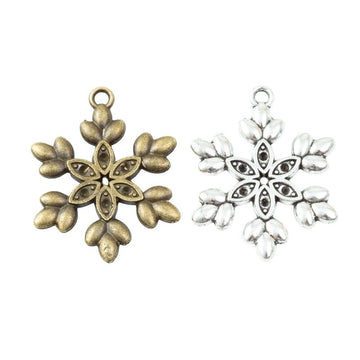 Detailed Six Arm Snowflake Charm In Antique Bronze and Antique Silver Metal Finish