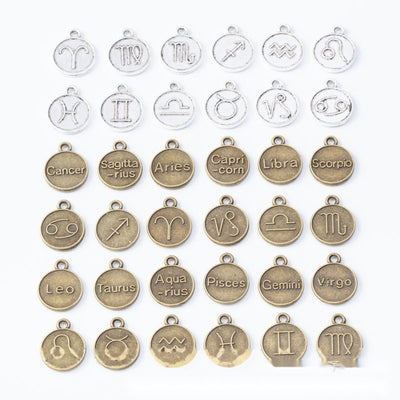 Round Zodiac Symbol metal pieces shown in the available finishes.