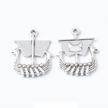 Viking Longship Charm with Sail and Oars in Silver Tone