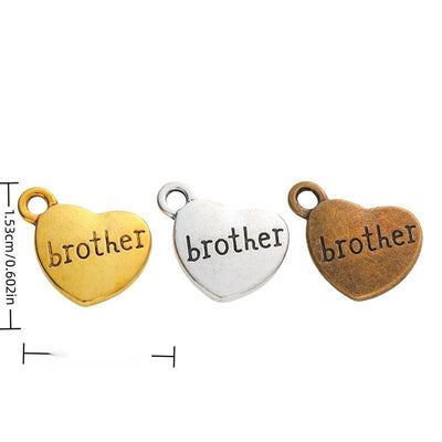 Brother Engraved Heart metal piece shown in Antique Bronze, Antique Gold, Antique Silver beside printed specifications