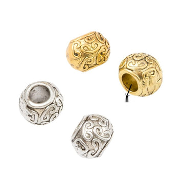 Scroll Pattern Barrel Bead in 2 Metal Finishes for Jewelry Making