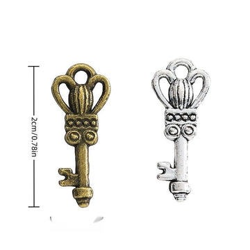 Crown Top Key Metal Charms in Antique Bronze and Silver