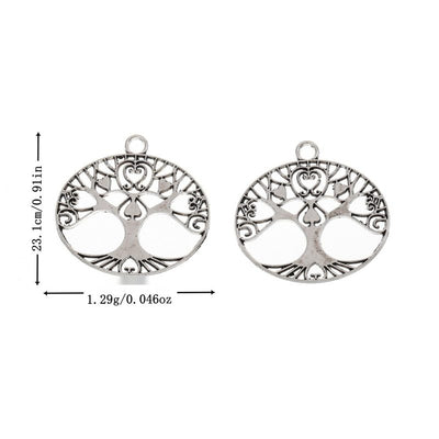 Round tree of life charms beside printed height and weight text