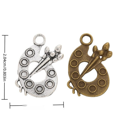 Artist Palette metal piece shown in Antique Bronze, Antique Silver beside printed specifications