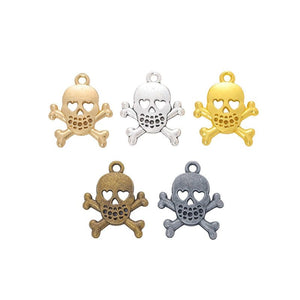 Skull and Crossbones Charms with Heart Eyes in Five Metal Finishes