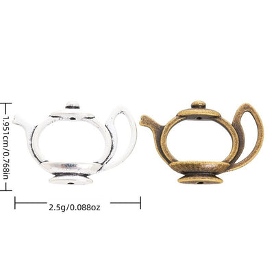 Product view of teapot charm showing an open teapot silhouette with curved spout, loop handle, lid, and small connection
