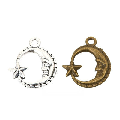 Grouped front view of moon and star charm showing a crescent frame, face detail, and pointed star