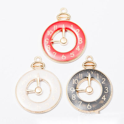 round enamel clock face metal charms in three colors shown together in the available finishes