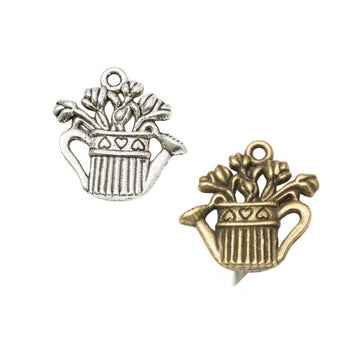 Vintage Finish Metal Flower Basket Watering Can Charms in 2 Style Options