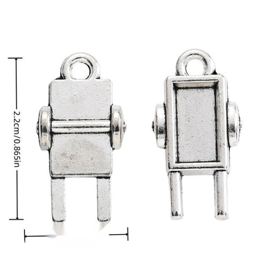 Front-facing arrangement of robot charms on a white background