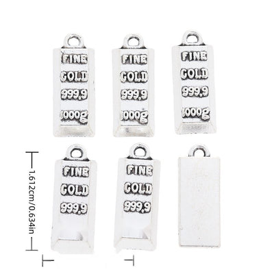 Front and reverse views of gold bar charms with measurement and weight guides