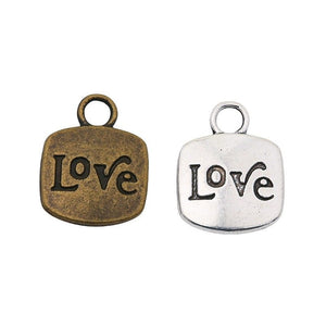 Antique Finish Alloy Square Charm Stamped LOVE or Heart, 18 mm