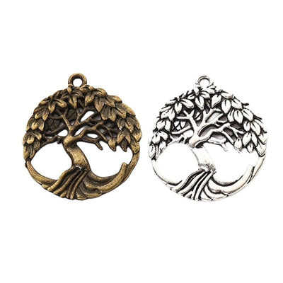 Group view of a spreading tree fills a round openwork frame with a top hanging loop