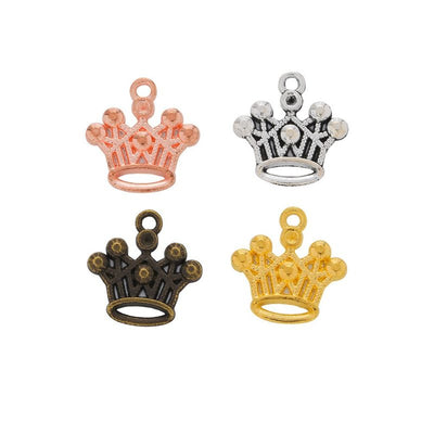 openwork crown metal charms in four plated finishes shown together in the available finishes