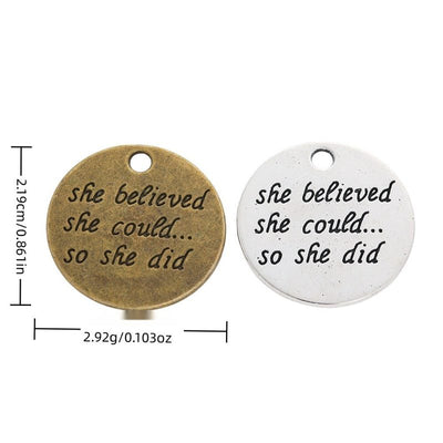 Finish overview of she believed she could round metal charm