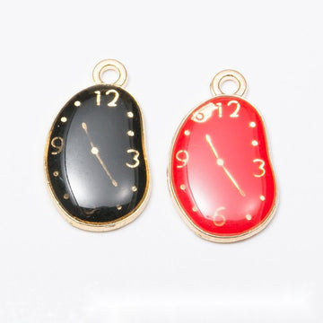 Enamel Clock Charm in Black and Red for Jewelry Making