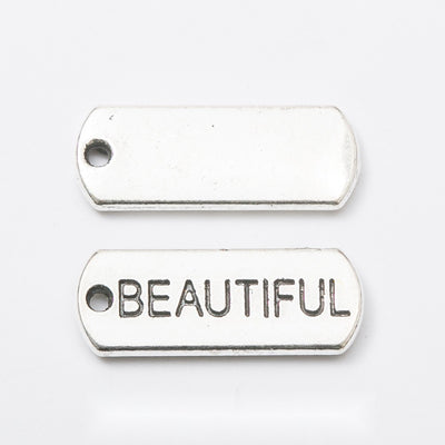 BEAUTIFUL Engraved Rectangular Tag Pendant Charm in Antique shown in front and back product view
