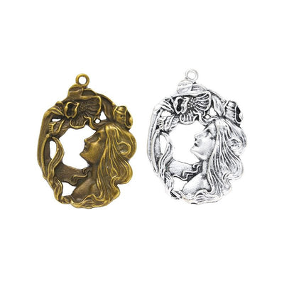 Art Nouveau Woman Portrait Charm shown in all pictured finishes on a white background