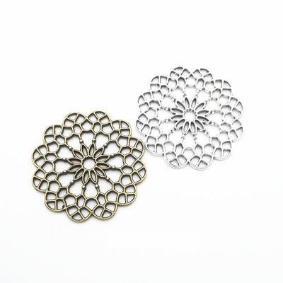 Product photo 1 of the round filigree flower connector highlighting its layered round flower lattice with loops on oppos