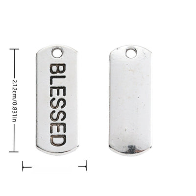 BLESSED Engraved Rectangular Tag Pendant Charm in Antique shown in front and back product view