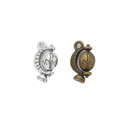 Globe Charm Pendant finish comparison showing raised continents and a sculpted stand