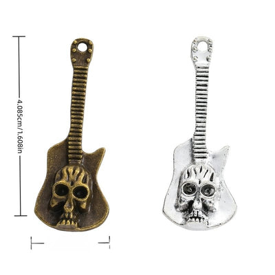 Skull Electric Guitar metal piece shown in Antique Bronze, Antique Silver beside printed specifications