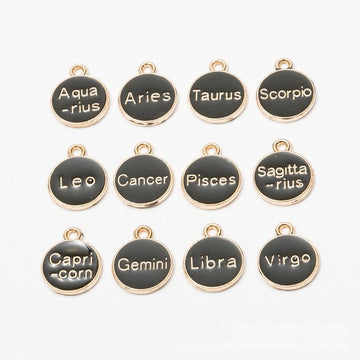 Round Black Enamel Zodiac Sign Charm Assortment in Gold Tone