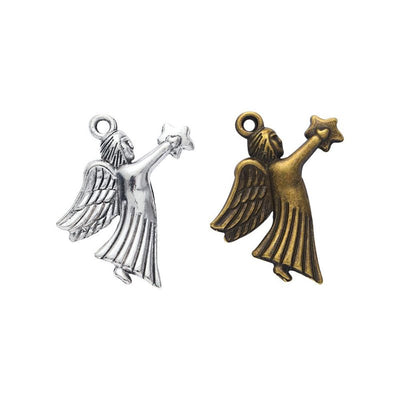 Product photo 1 of the star holding angel charm highlighting its robed winged angel holding a small star