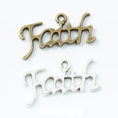Grouped front view of script faith word charms in the available finishes