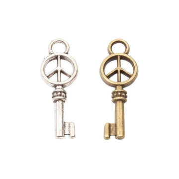 Peace Sign Skeleton Key Charm In Antique Bronze and Antique Silver Metal Finish