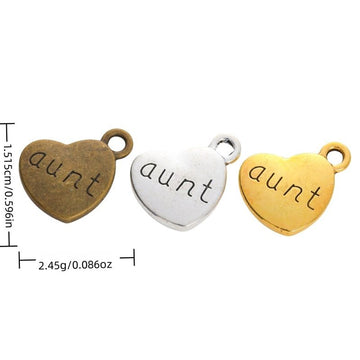 Aunt Engraved Heart Metal Charm in 3 Finishes for Jewelry Making