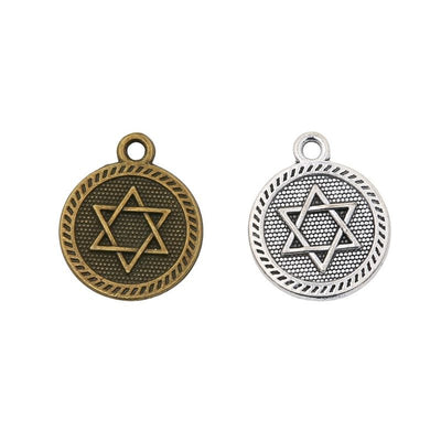 Round Star Hexagram Metal Charms in Two Finishes in multiple metallic finishes displayed together on a white background.