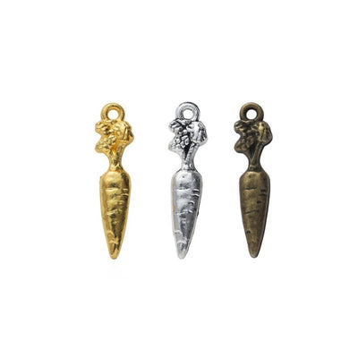 Product photo 1 of the carrot charm highlighting its tapered carrot body topped with raised leafy detail