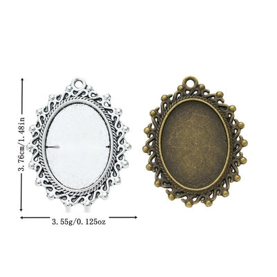 Ornate Oval Cabochon Setting Pendant finish comparison showing a recessed oval tray surrounded by an ornate pierced bord