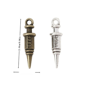 Syringe Shaped Metal Charms in Antique Bronze and Silver