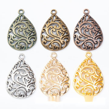 Filigree Teardrop Metal Charms in Six Antique Finishes