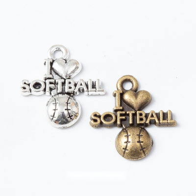 Softball Word and Ball Pendant Charm in Two Finishes shown in front and back product view