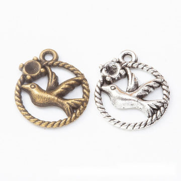 Bird in Round Frame Metal Charms in Two Antique Finishes