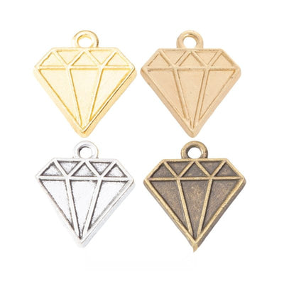 Product photo 1 of the geometric diamond charm highlighting its flat faceted diamond outline with a top loop