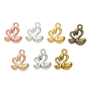 Heart Neck Double Swan Charm Pendants in Seven Finishes