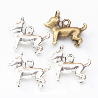Front comparison of standing dog metal component in 2 finishes