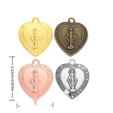Heart Shaped Virgin Mary Prayer Medal Charms in Four Finishes