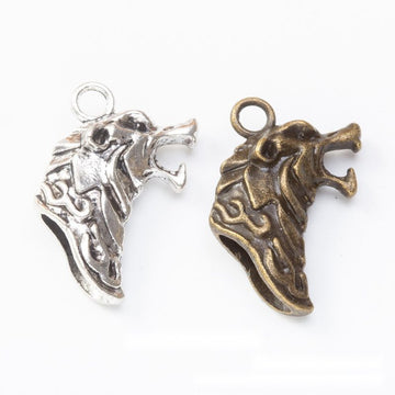 Wolf Head Charm Sculpted Metal Pendant in Two Finishes