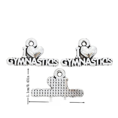 Metal gymnastics word connector, front and reverse views shown in the product image